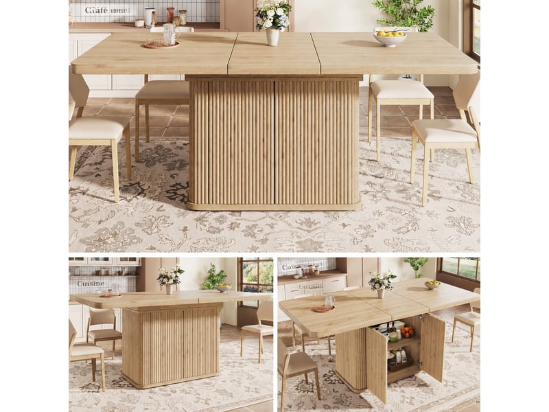  Table à manger extensible 140-180 cm avec rangement caché, finition bois clair  - Conforama B