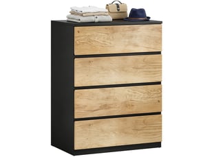 Commode à 4 tiroirs pour chambre, idéale pour le salon, la salle à manger et le couloir, coloris noir et chêne.