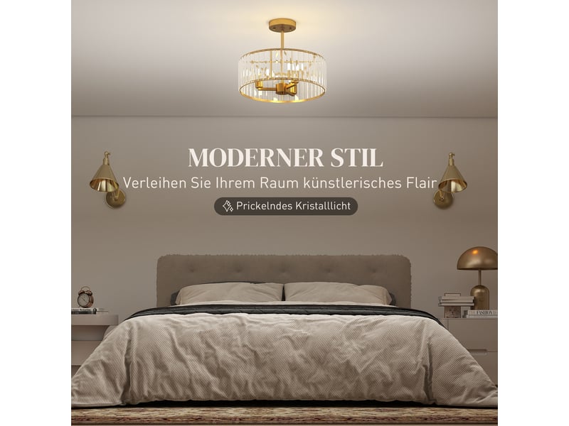  Plafonnier, lustre design, abat-jour en cristal, 3 ampoules, métal, couleur or  - Conforama D