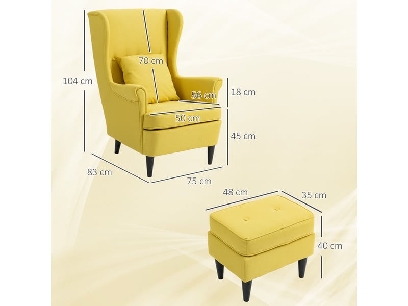 Fauteuil à oreilles avec repose-pieds, fauteuil rembourré avec pieds en bois d'hévéa, revêtement en tissu, jaune  - Conforama E