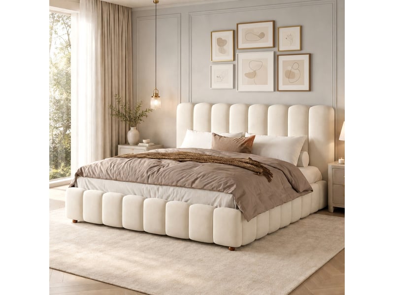  Lit adulte 180 × 200 cm, avec sommier et tête de lit, en velours, beige  - Conforama D