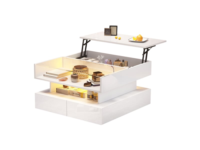  Table basse relevable led contemporaine - table basse avec plateau en verre trempé et compartiments multiples - 80x80x45 cm - blanc  - Conforama A