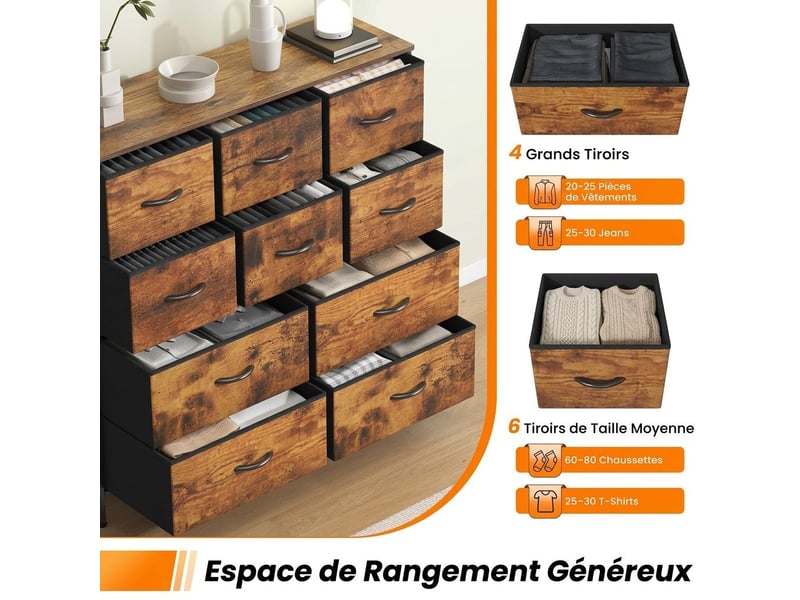  Chiffonnier meuble 100x30x97 cm dix tiroirs tissu marron rustique et metal noir chambre  - Conforama D