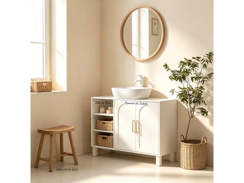  Meuble sous lavabo crème avec étagères 90 cm découpe u  - Conforama D