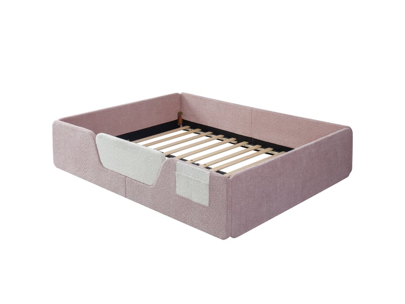  Lit enfant velours rose, lit capitonné 140x190 avec barrières de sécurité amovibles et poche de rangement, sans matelas  - Conforama A