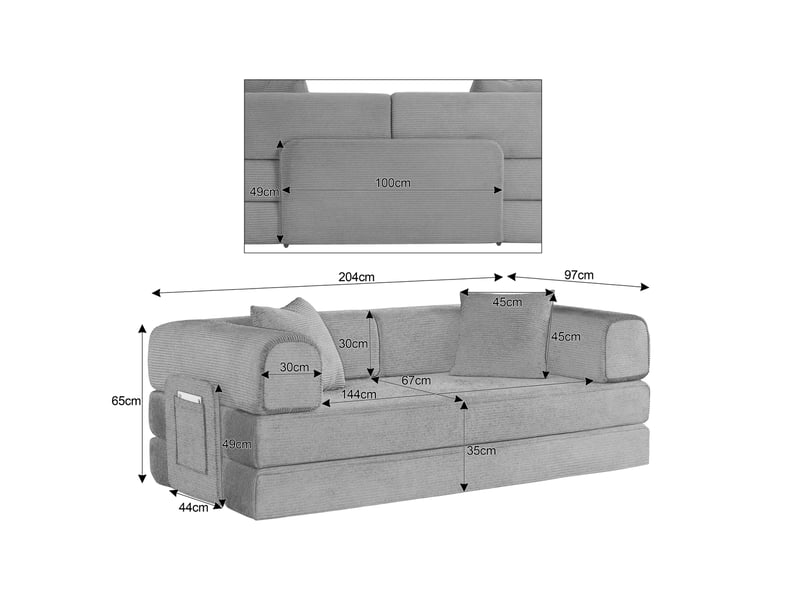 Canapé-lit convertible 3 places en velours côtelé taupe avec 2 coussins 204 x 97 x 65 cm - Conforama C