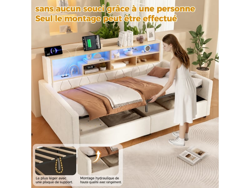 Lit banquette 140 x 200 cm avec coffre hydraulique, led, usb-a et usb-c, lin beige  - Conforama E