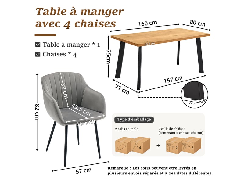 Ensemble table et 4 chaises - table rectangulaire 160x80 cm monobloc en chêne sauvage et pieds métal, 4 chaises en velours gris et pieds métal - Conforama C