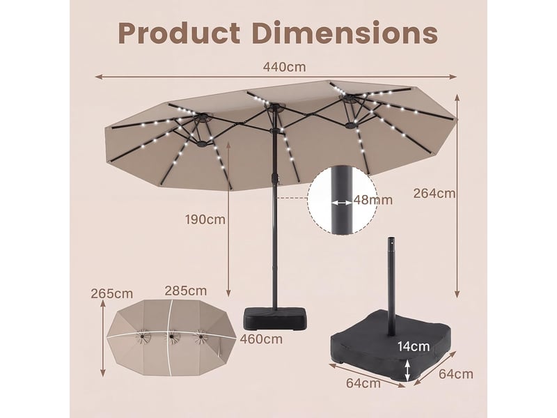 Parasol de jardin exterieur avec pied, 4,7x2,8m grand parasol double face avec led solaires, manivelle, 12 baleines, protection solaire,beige - Conforama D