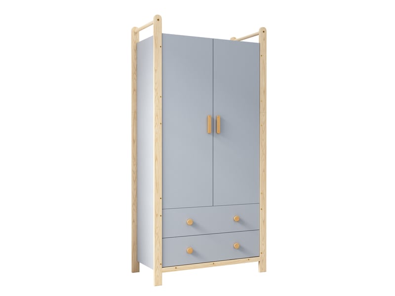  Armoire à vêtements 2 portes, avec tringle à vêtements, 2 tiroirs, pour chambre, salon, entrée, 90 x 45 x 180 cm, corps bleu et cadre en bois de pin  - Conforama D