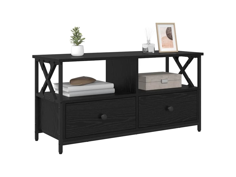  Meuble tv - banc tv - meuble de rangement chêne noir 90 x 33 x 45 cm bois d'ingénierie et acier  - Conforama C