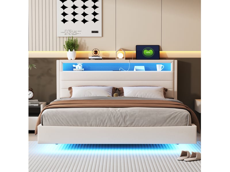  Modenvie lit double rembourré 160x200 cm - avec led et prise usb, sommier inclus - beige  - Conforama D
