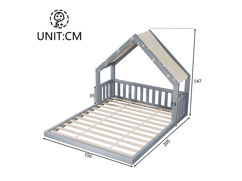  Lit cabane enfant 140x200 cm gris bois, toit tissu, guirlande lumineuse, sommier à lattes inclus  - Conforama C