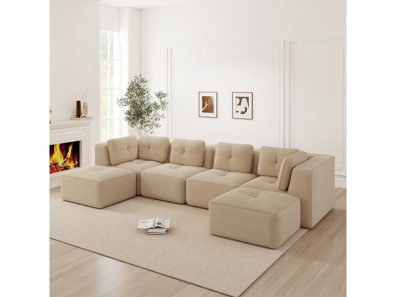  Canapé d'angle, canapé convertible – forme u, sans cadre, avec pouf, sans montage, beige, base antidérapante  - Conforama C