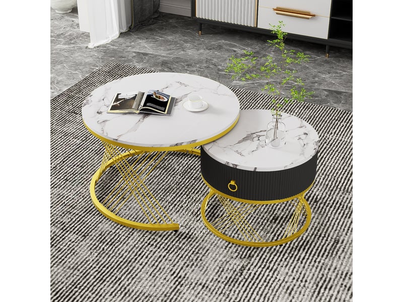  Tables basses gigognes effet marbre avec 1 tiroir et pieds réglables, pour salon, mdf, blanc et doré  - Conforama C