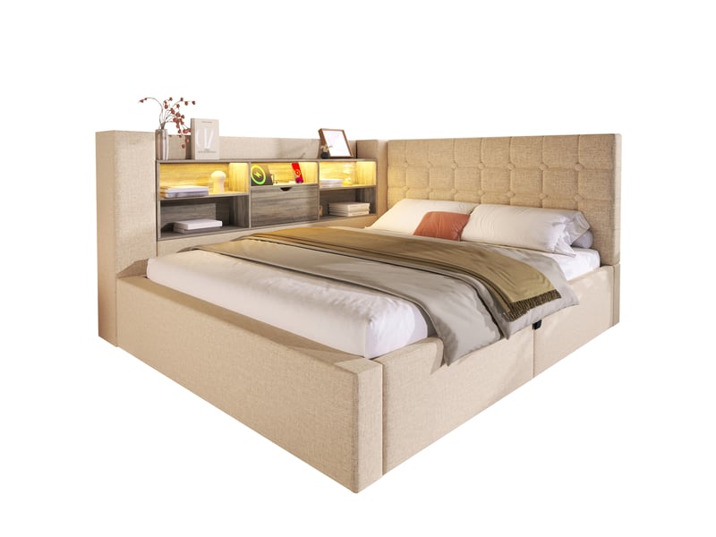  Lit coffre 140x200 cm avec led et usb, tissu beige  - Conforama A