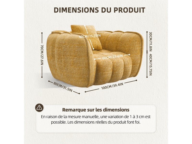  Lexzurn fauteuil fixe, pouf pour adulte,avec coussin,conception ergonomique,profondeur d'assise accrue 60 cm,adapté à de nombreux contextes,base antidérapante  - Conforama B