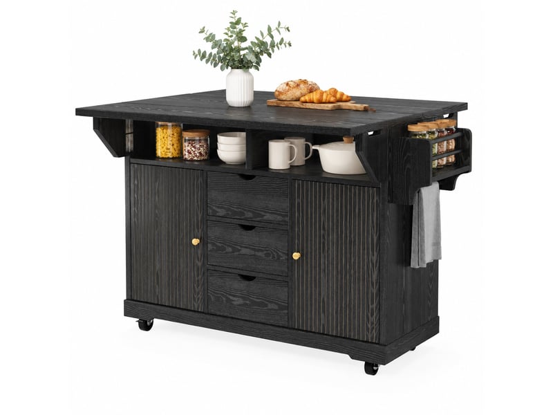  Desserte de cuisine 142,5x80x95 cm, avec 2 portes, 3 tiroirs, roulettes verrouillables et plateau extensible pliable, en mdf noir  - Conforama A