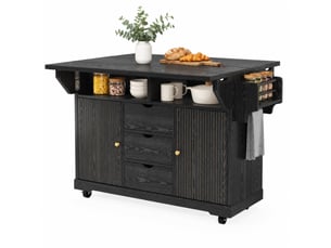 Desserte de cuisine 142,5x80x95 cm, avec 2 portes, 3 tiroirs, roulettes verrouillables et plateau extensible pliable, en mdf noir
