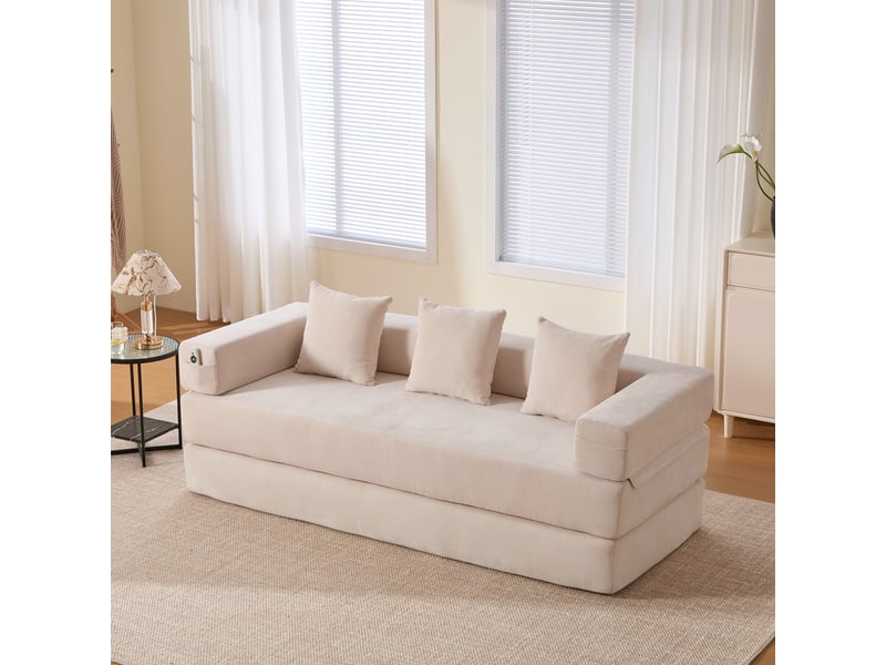  Canapé modulable 2 places 198x79x60 cm convertible en lit 198x159x41 cm, blocs combinables, poches latérales, base antidérapante, chenille beige  - Conforama C