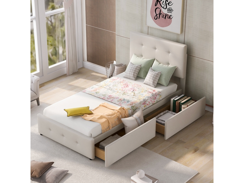  Lit rembourré en velours beige 90 x 200 cm  - Conforama D