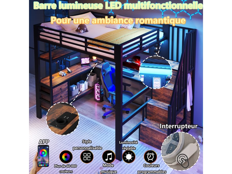  Lit mezzanine métal noir 140x200 cm avec bureau led tiroir panneau perforé prise  - Conforama B