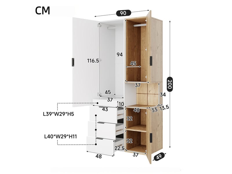  Armoire à portes battantes avec éclairage led et tiroir à bijoux, 90 x 49 x 200 cm, 2 penderies, 4 tiroirs et bandeaux led, design moderne  - Conforama C