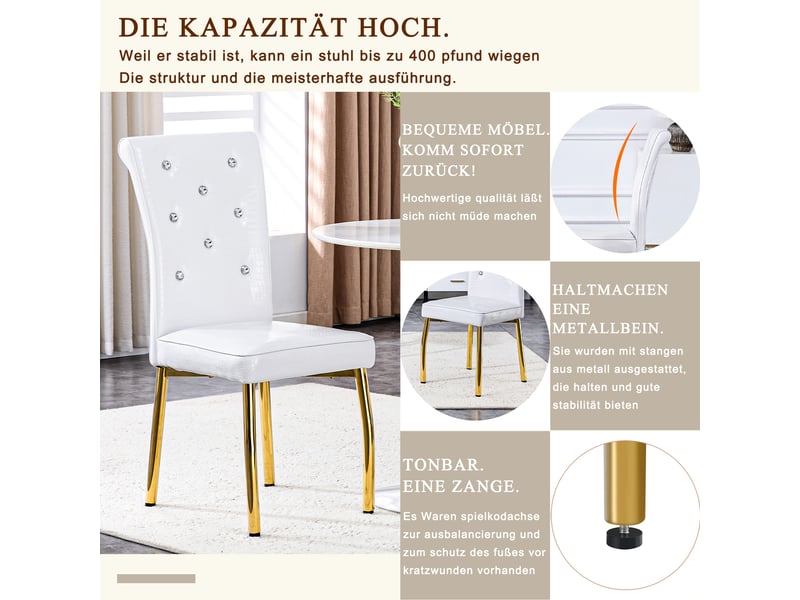  Chaises de salle à manger lot de 2 rembourrées avec boucles cristal  - pieds métal doré, pvc blanc  - Conforama E