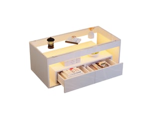 Table basse 100x50x40 cm avec led et 2 grands tiroirs, table de salon rectangulaire à double niveau avec plateau en verre, finition blanc brillant