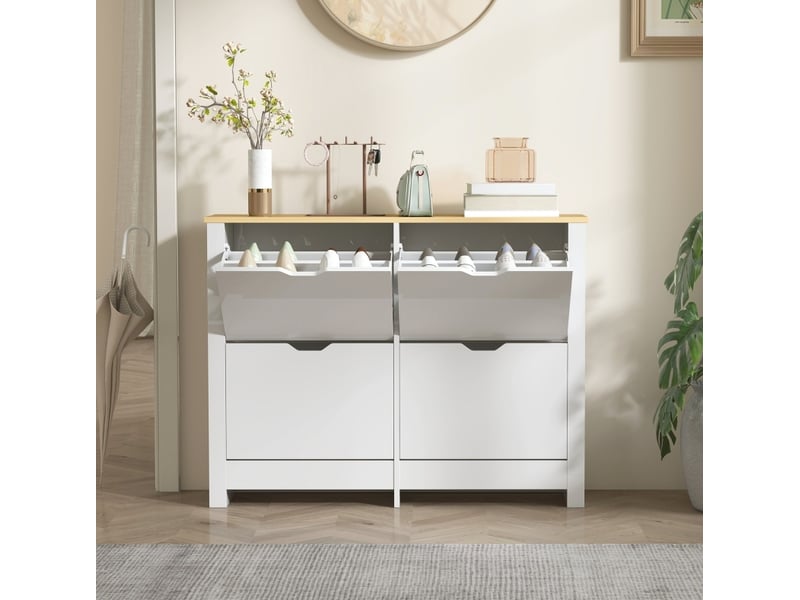  Meuble à chaussures étroit à 4 abattants, 105 x 26 x 80 cm, blanc et naturel  - Conforama D