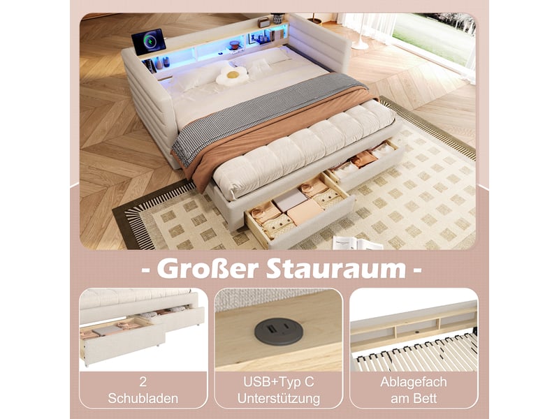  Lit de jour velours avec lit gigogne 90x190, canapé lit beige avec led, ports usb et tiroirs  - Conforama E