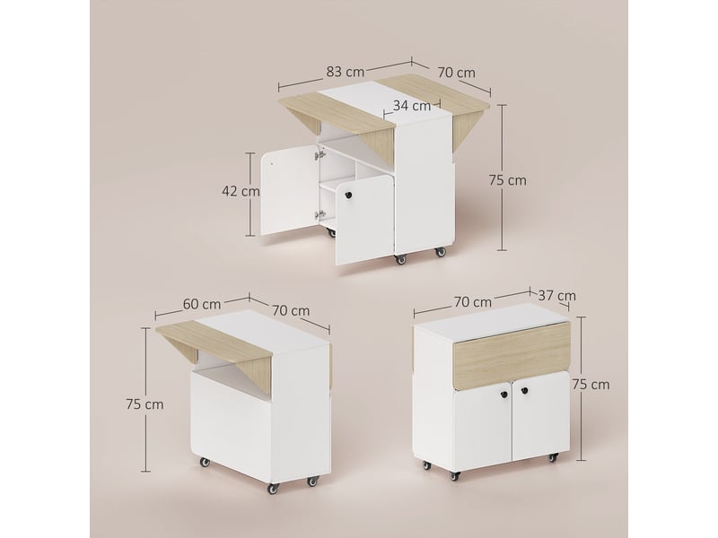  Table à manger pliante sur roulettes, table de cuisine 4 personnes, 2 abattants, étagère, placard, 70x83x75cm, blanc  - Conforama E