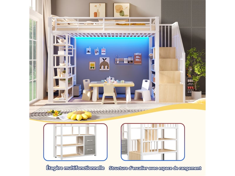 Lit mezzanine, 90 × 200 cm, blanc, mdf et métal, tiroirs, rangements, garde-corps, échelle, espace ouvert dessous, led via app - Conforama D