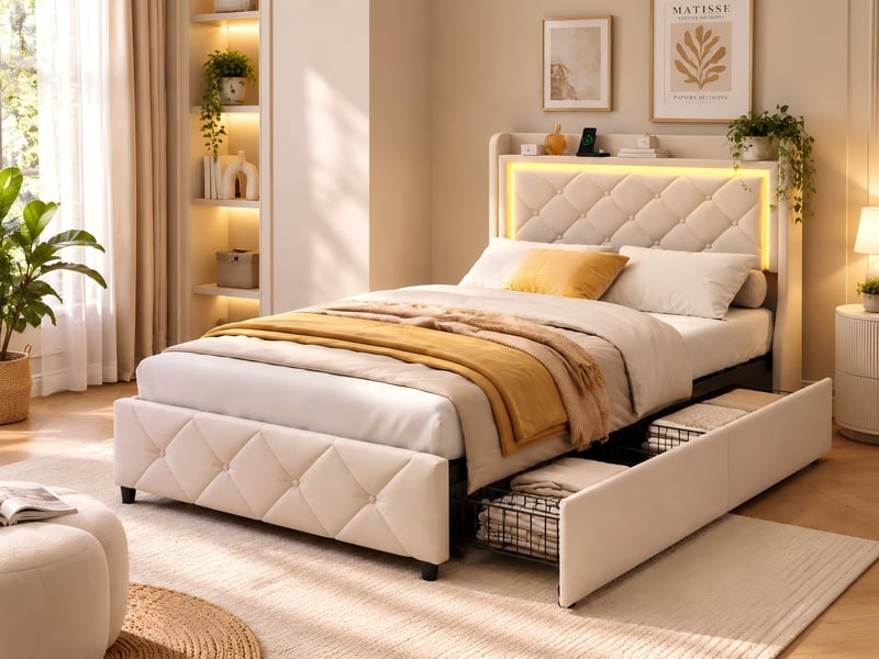  Kefsr lit simple 90x200 cm avec tiroirs de rangement, lit capitonné en velours beige avec tête de lit étagère, led rgb et ports usbtype-c  - Conforama B