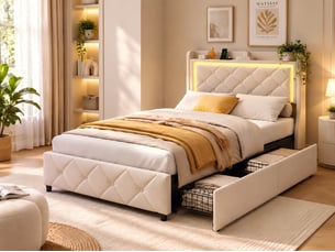 Kefsr lit simple 90x200 cm avec tiroirs de rangement, lit capitonné en velours beige avec tête de lit étagère, led rgb et ports usbtype-c