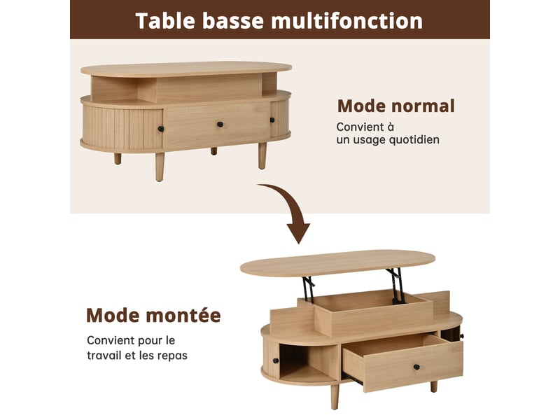  Table basse plateau relevable ovale salon 105 x 50 cm, mdf naturel, coffre et tiroir  - Conforama E