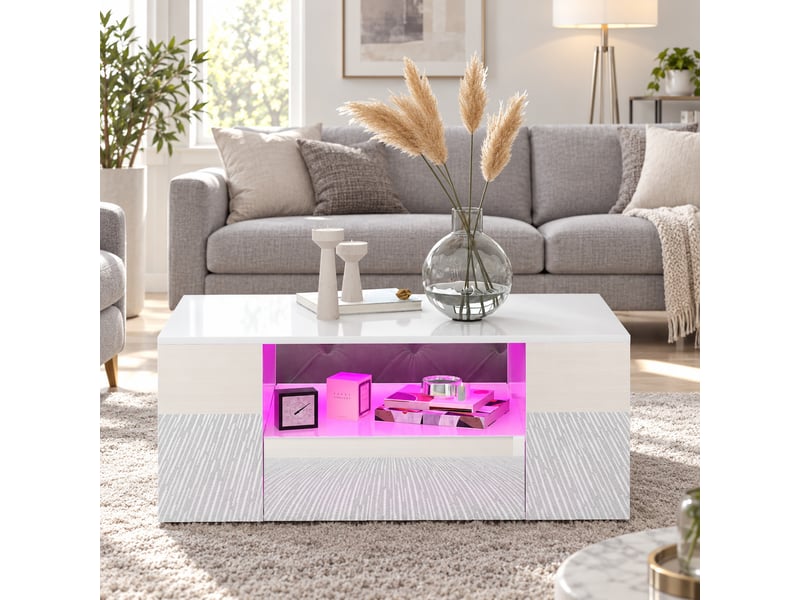  Table basse led blanc brillant 95x53x37 cm，avec 2 tiroirs et 2 niches, contrôle par application  - Conforama B