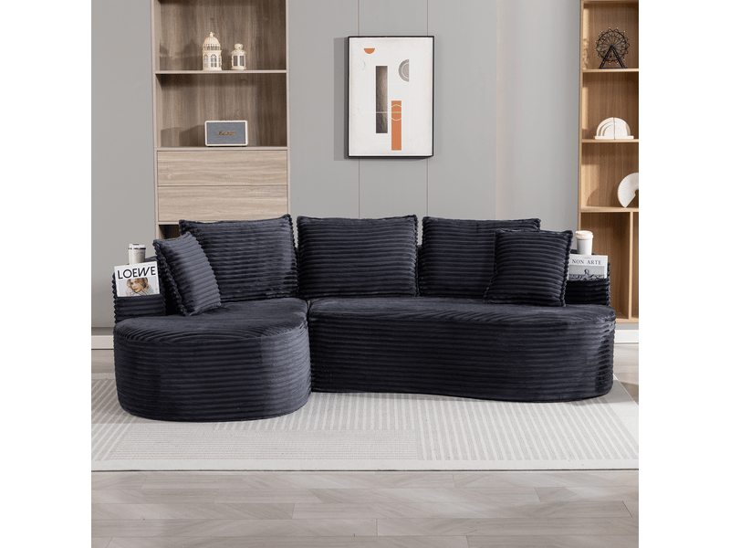 Canapé incurvé 250x152x82 cm, porte-gobelets bilatéraux, poches latérales, 1 coussin, mousse et ressorts, velours côtelé - gris - Conforama B