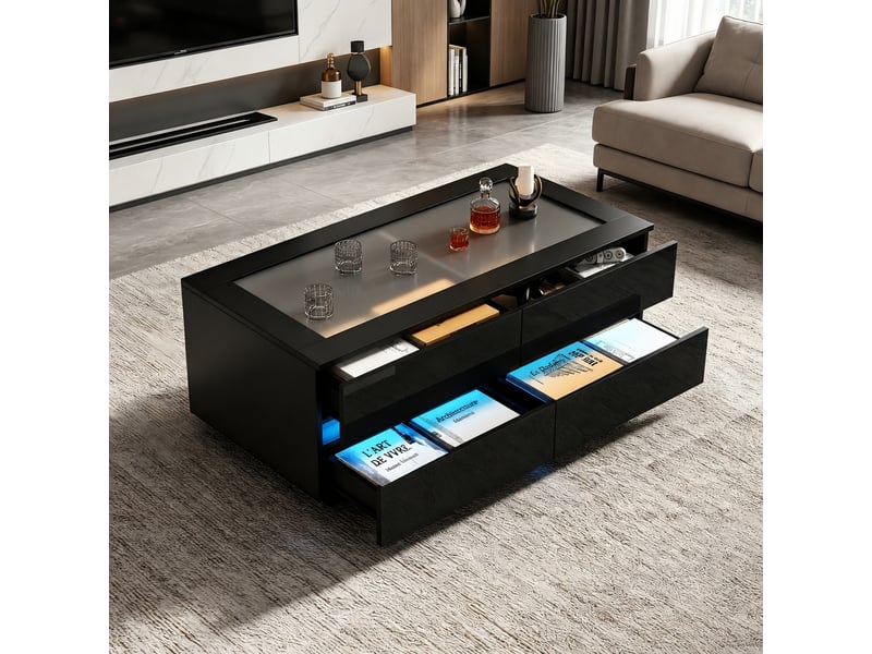  Table basse noire moderne avec 4 tiroirs, plateau en verre trempé et éclairage led, 100 x 50 x 40 cm  - Conforama B