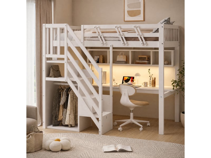  Lit mezzanine 90x200 cm avec bureau, rangements et éclairage led en bois blanc  - Conforama D