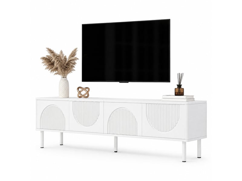  Meuble tv ulevr 180 cm avec 4 compartiments fermés et passe-câbles, mdf et panneaux de particules, blanc mat  - Conforama A