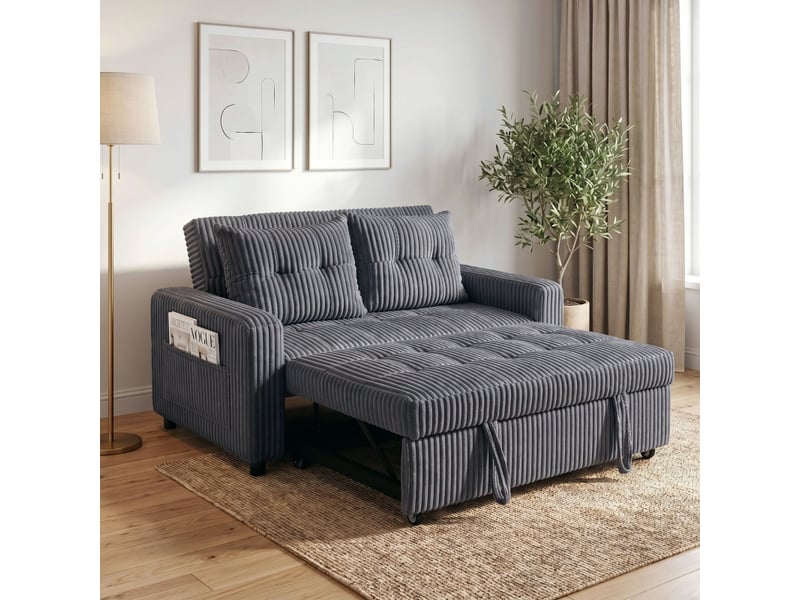 Canapé-lit 2 places 157x90x91 cm, avec poches, en velours côtelé, gris foncé - Conforama B