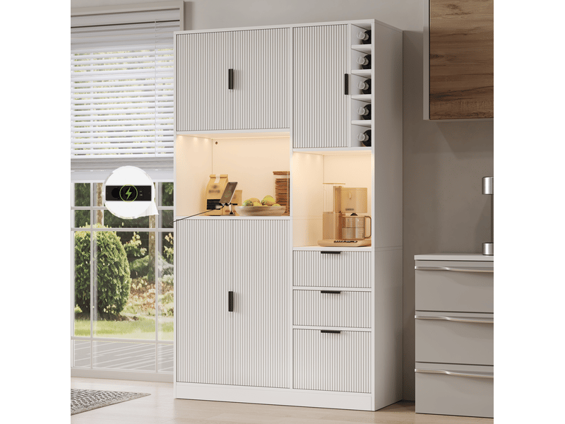  Buffet de cuisine modenvie 105 x 40 x 180 cm avec led, prises, 3 tiroirs, range-bouteilles, étagères réglables, mdf blanc  - Conforama D