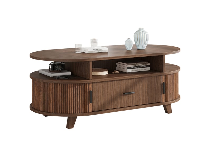  Table basse ovale avec tiroir et rangements, table salon, coloris noyer, 100x50x40 cm  - Conforama A