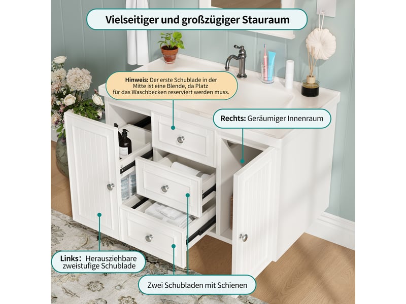  Meuble sous vasque suspendu avec 3 tiroirs et 1 porte, vasque en céramique, salle de bain, 78,5×46×46,8 cm  - Conforama E