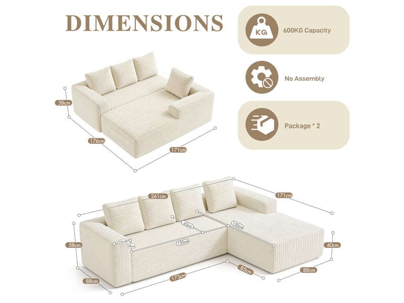  Canapé d’angle modulable en l 261x168x58 cm, sans montage, velours côtelé, beige  - Conforama C