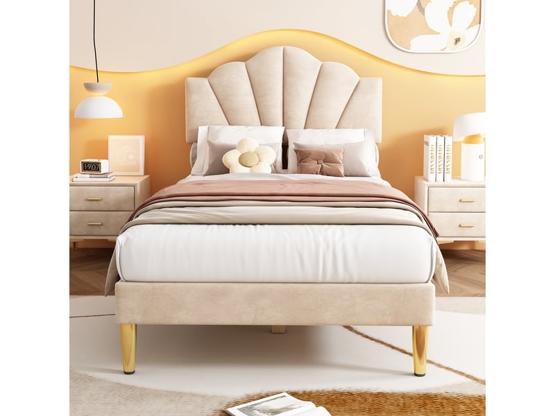  Lit rembourré 90 x 200 cm, tête de lit coquillage réglable en hauteur, sommier à lattes, pieds métal doré, velours beige evarich - Conforama E