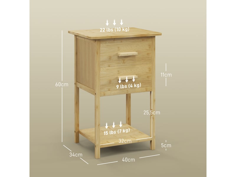  Lot de 2 tables de chevet table de nuit en bambou avec 2 tiroirs et 1 étagère 40 x 34 x 60 cm naturel  - Conforama E