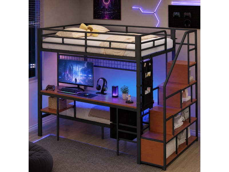  Lit superposé enfant en métal et mdf noir avec bureau, led, prises et rangements 140 x 200 90 x 200 cm  - Conforama C