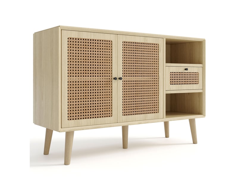 Buffet 120cm avec 1 tiroir et 2 portes magnétiques en rotin tressé avec poignées en métal noir - Conforama A